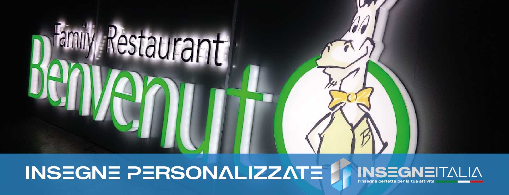 Insegna personalizzata per la ristorazione con logo, claim e brand