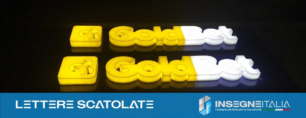 Insegna a lettere scatolate luminosa GoldBet, centro scommesse e sala giochi