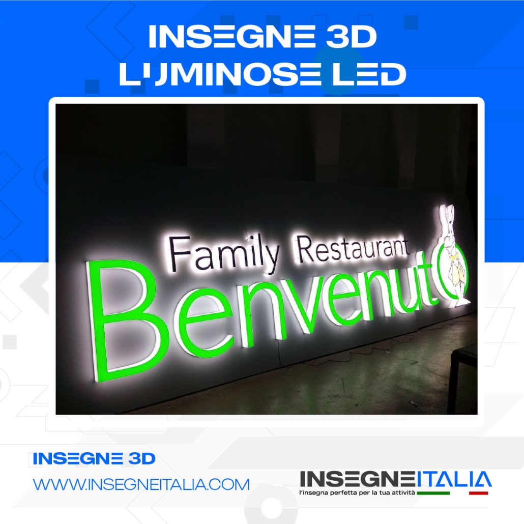 produzione insegne luminose scatolate 3D da interno ed esterno