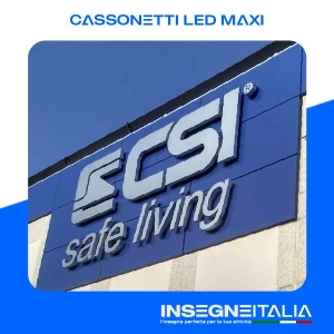 Rivestimento di una facciata con lettere a cassonetto del logo ECSI safe living, bianco su blu