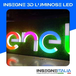 Insegna 3D illuminata a luce frontale rappresentante insegna enel colorata.