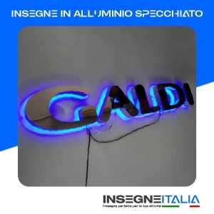 Insegna in alluminio specchiato retroilluminato da luce blu soffusa della scritta GALDI